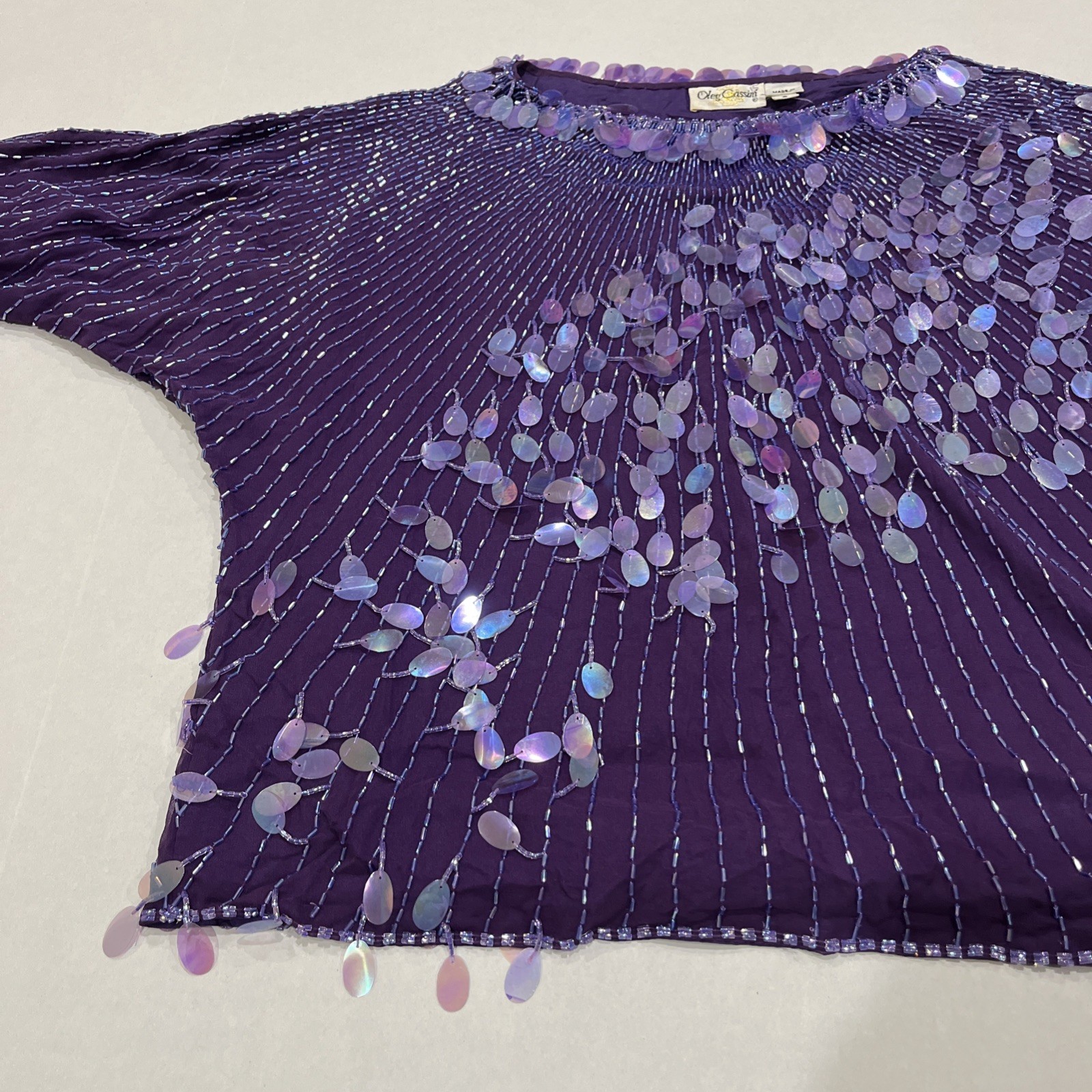 VTG OLEG CASSINI Royal Purple SEQUIN BEADED EMBELLISHED EVENING BLOUSE Size S