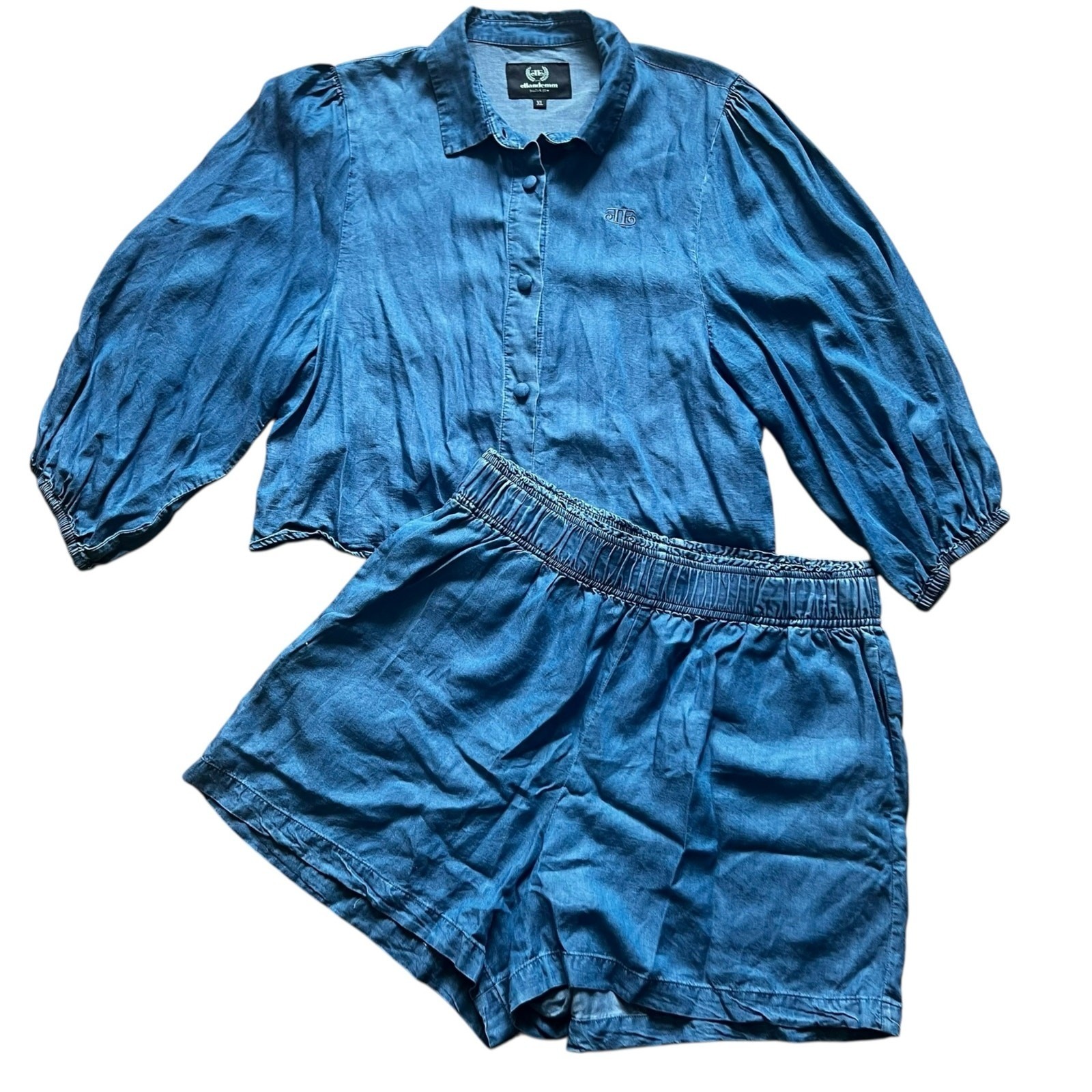 Ellandemm Tencel Denim Two Piece Set Blue Puff Sleeve Crop Top Shorts XL 2XL