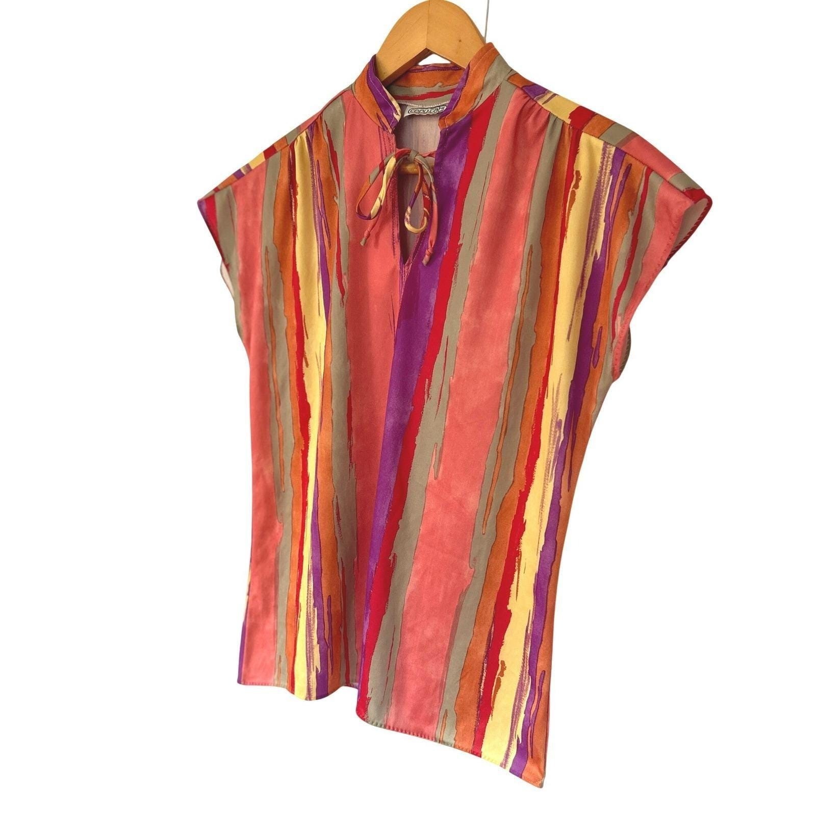 Vintage Copy Cats Statement Abstract Tie Keyhole Neck Top L Artsy Dolman Sleeve
