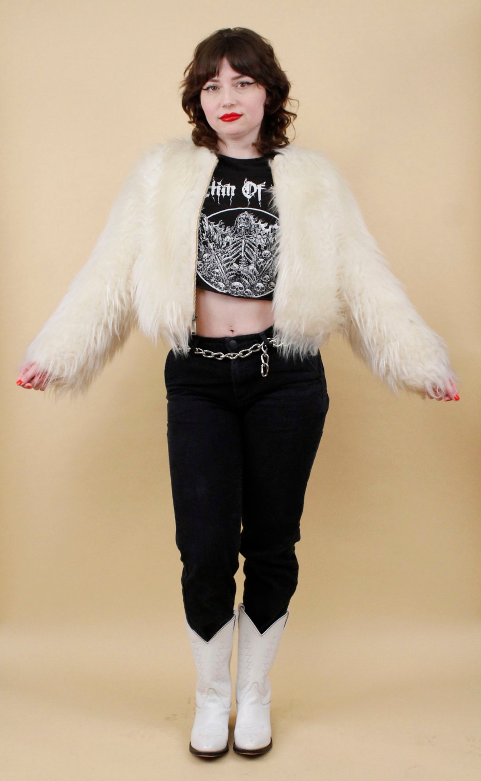 60s 70s Vtg Shaggy Faux Fur White Zip Up Crop Jacket Coat Mod Rocker Glam B34″