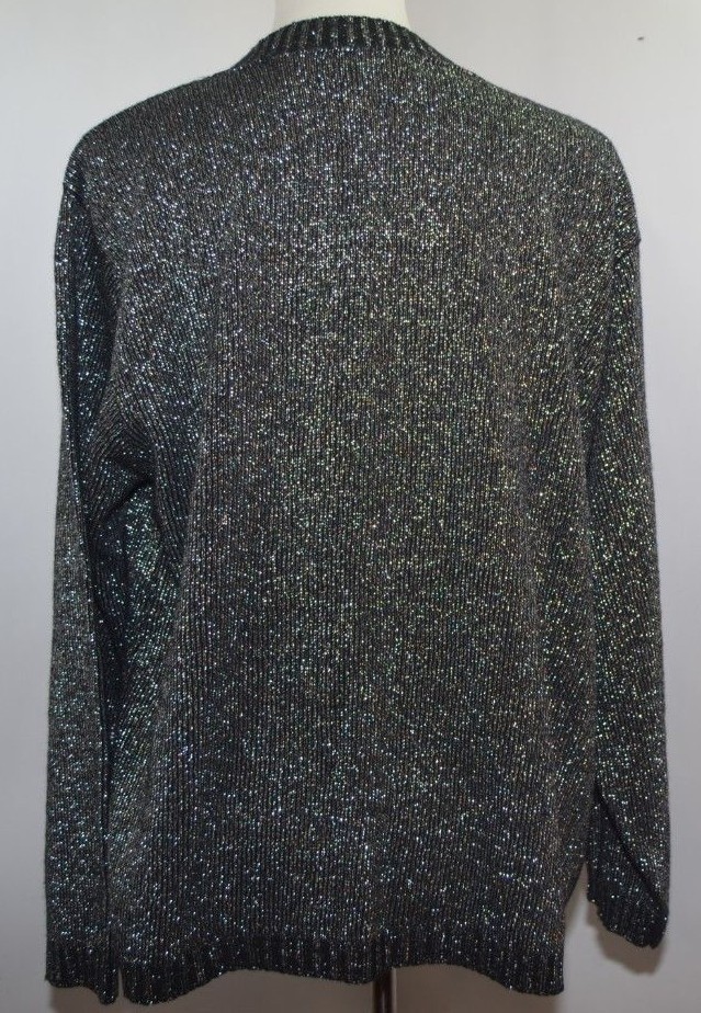 VTG Bedford Fair Black Silver Glittery open Front Cardigan Womens XL USA Made