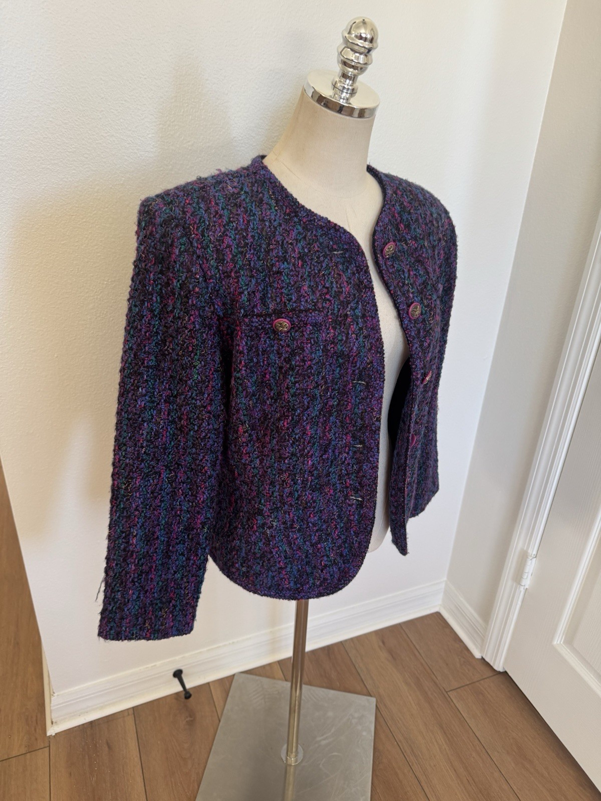 Vintage 80s Lucia Petites Purple Tweed Cropped Blazer Large Multicolored Bouclé