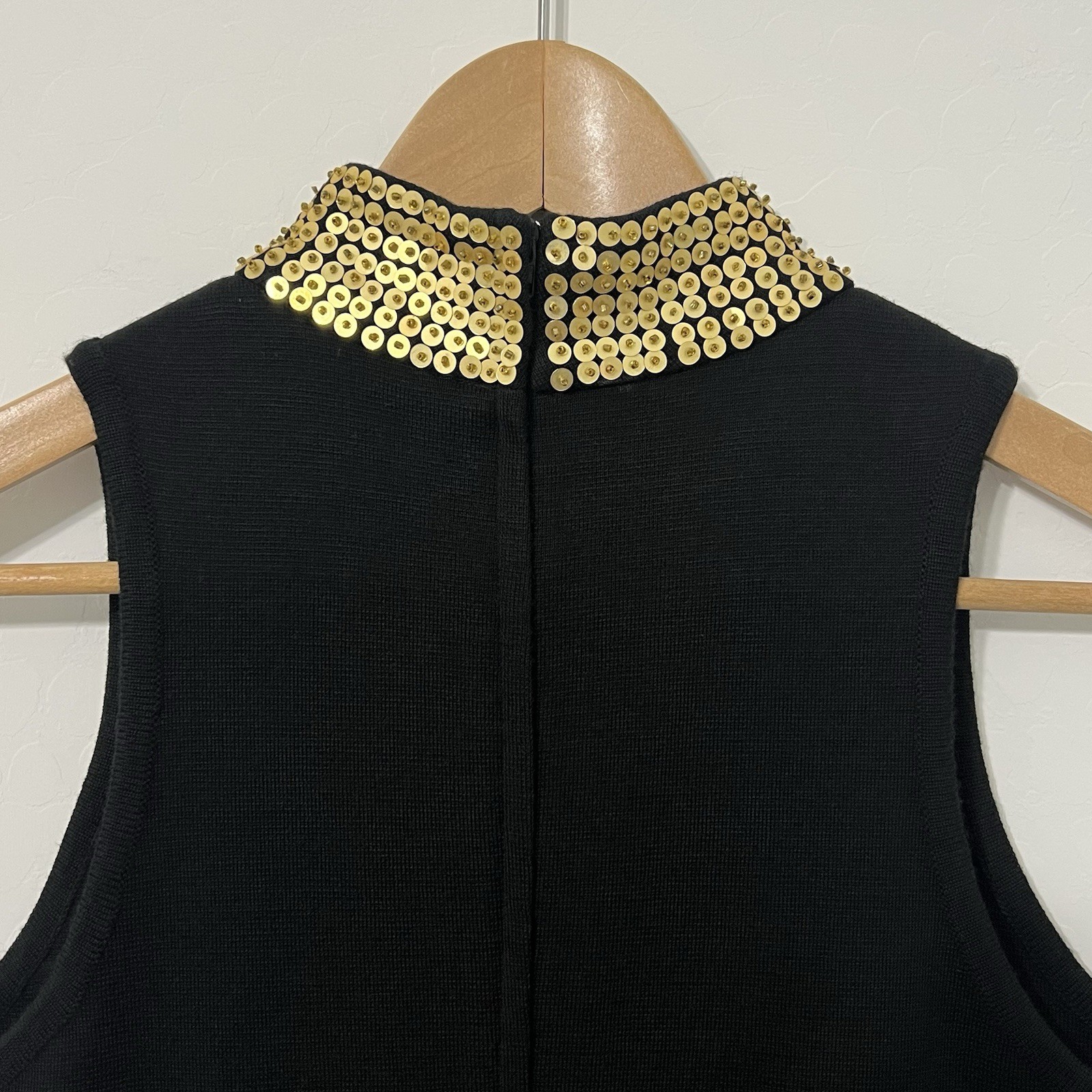 Vintage 80’s Casual Corner Gold Sequin Leaf Dress | Grecian Choker Wiggle Midi