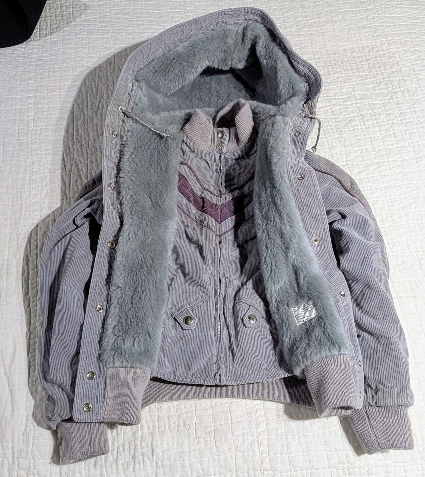 Vintage Mod Maid Coat 60s 70s Women’s SMALL Gray Corduroy Purple Trim Hooded