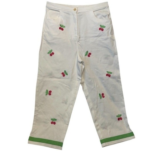 Vintage Quaker Factory Jeans Medium White Women’s Cherry Embroidery Print