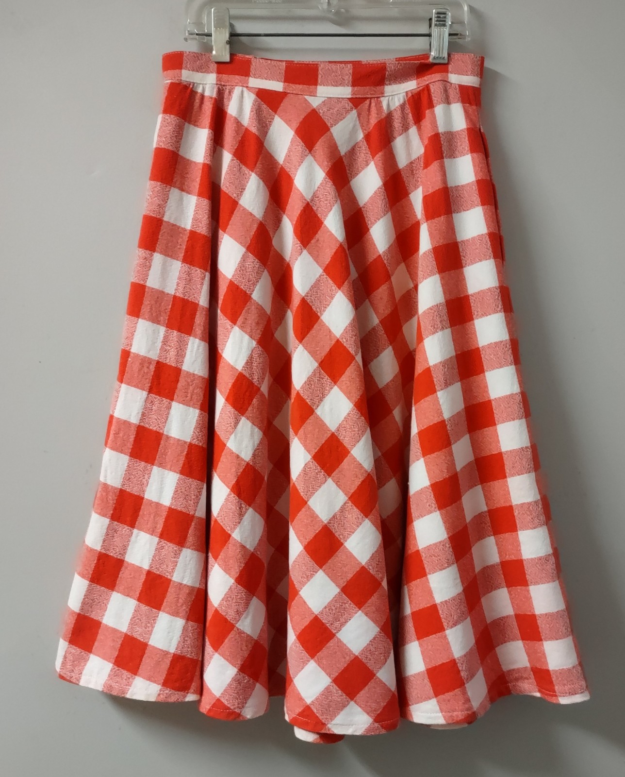 Vintage 60’s Red White Gingham Bias Barkcloth Rockabilly Skirt Buttons Side XS