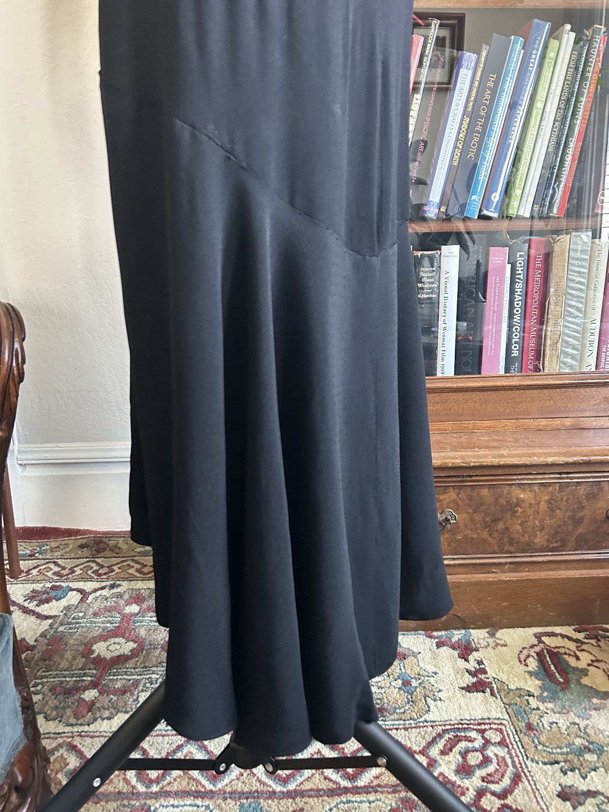 Vintage 1930s Black Mesh Net Gown Balloon Sleeves Bias Cut Art Deco Maxi Dress