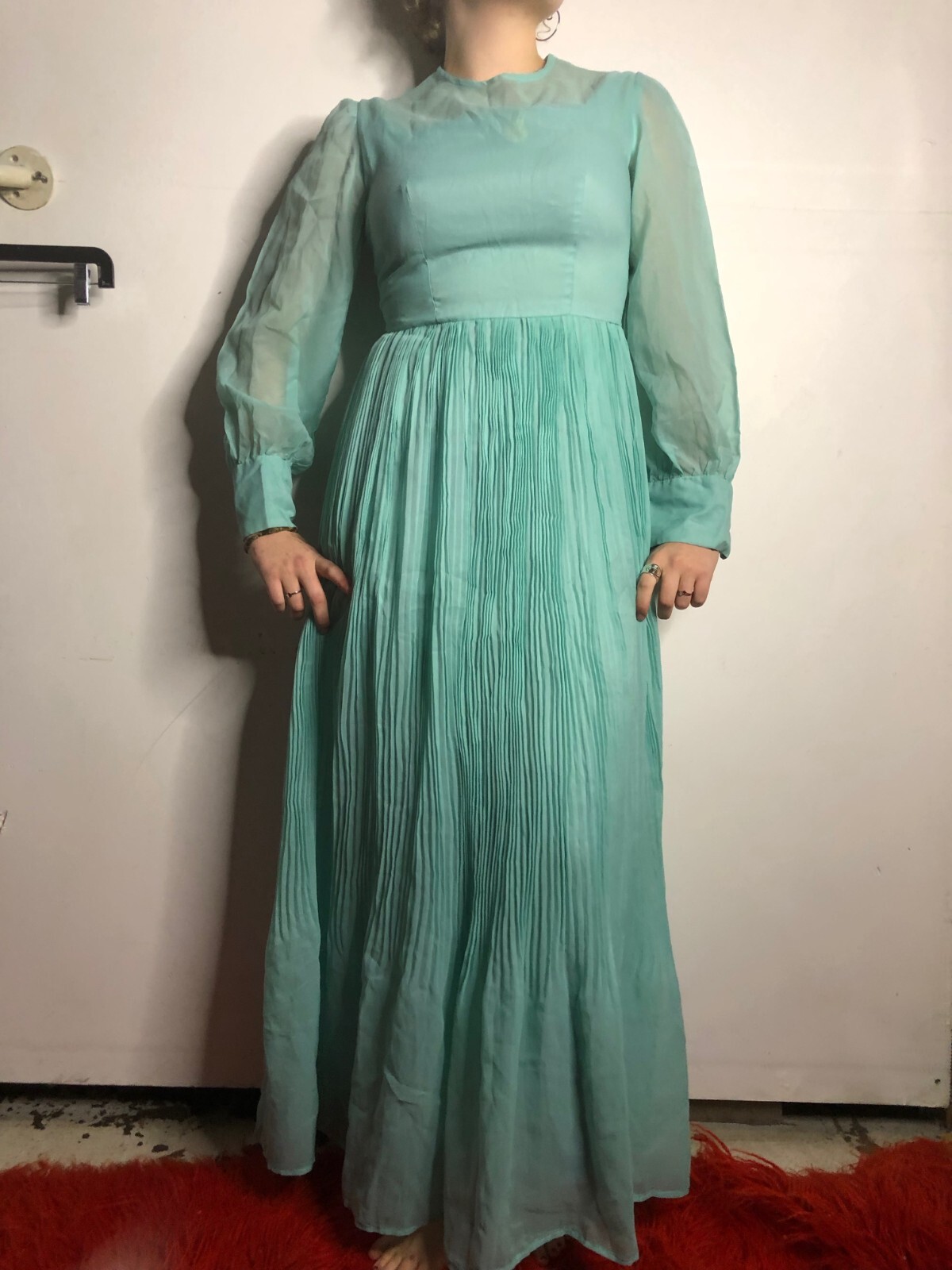 Vintage 1980s Teal Blue Kaftan Dress Chiffon Sleeves Prairie Boho AU 14 16