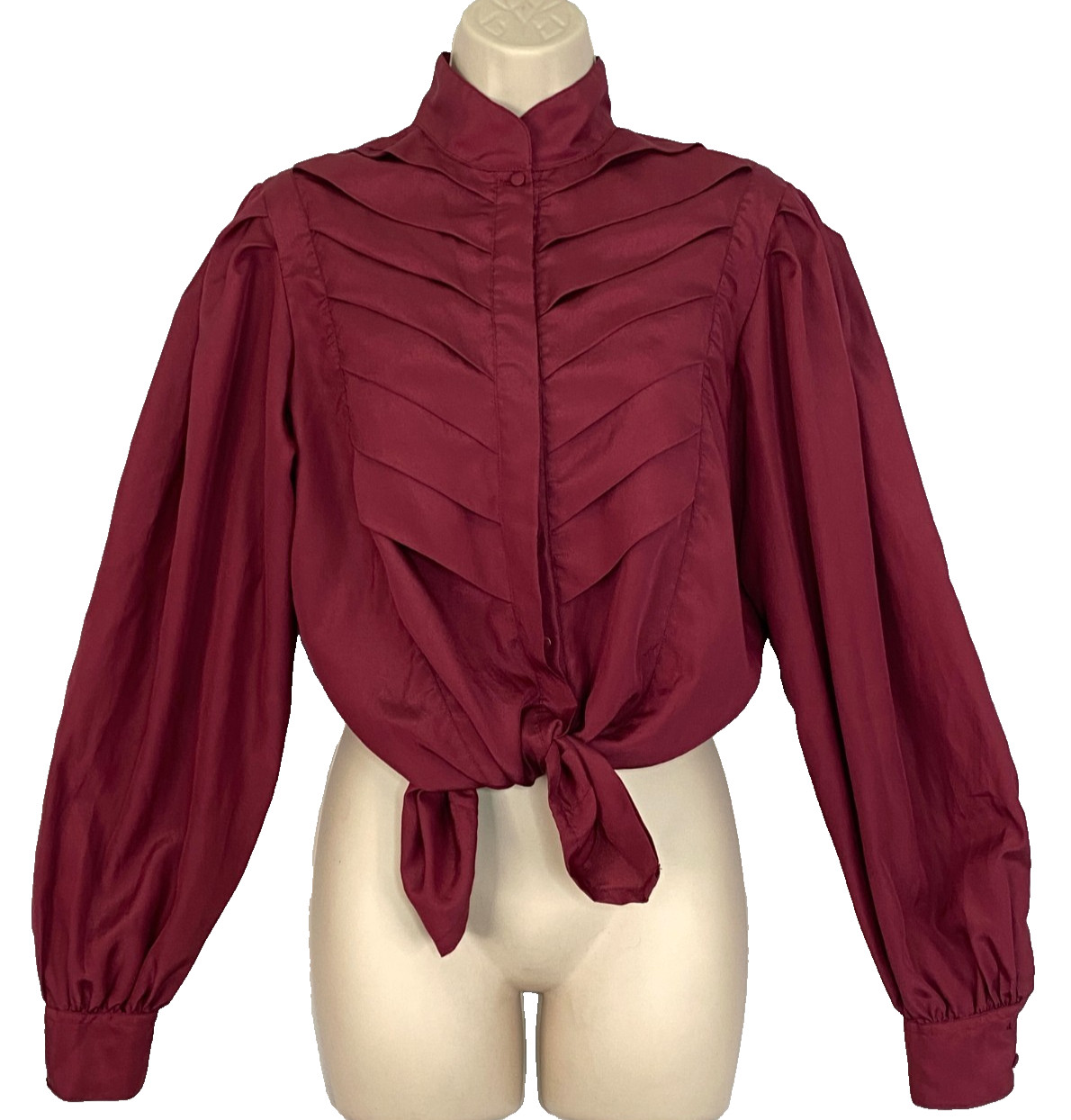 Vintage 1970s burgundy blouse M L long balloon sleeve red maroon pintuck silky