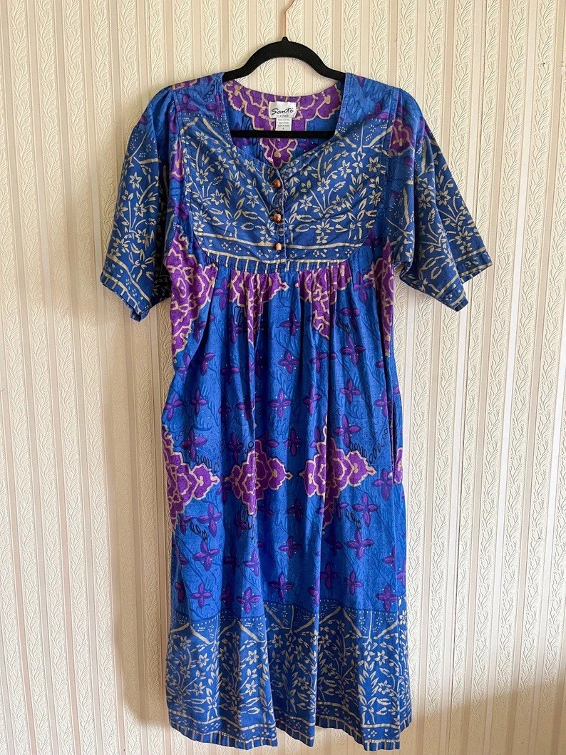 90s Indian Cotton Caftan Dress In Blue Purple and Gold! Made by Sante