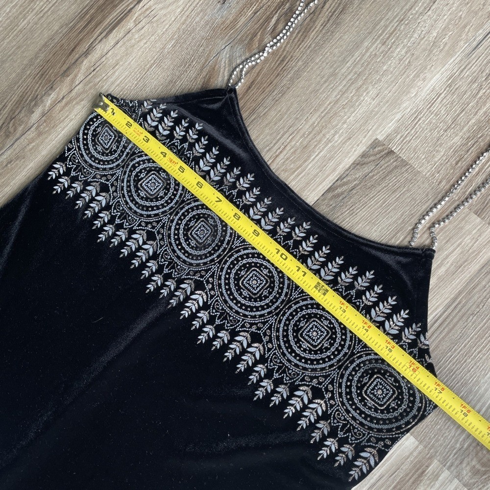 Vintage Y2K Witchy Short Mini Black Velvet Spaghetti Strap Dress Large Tribal