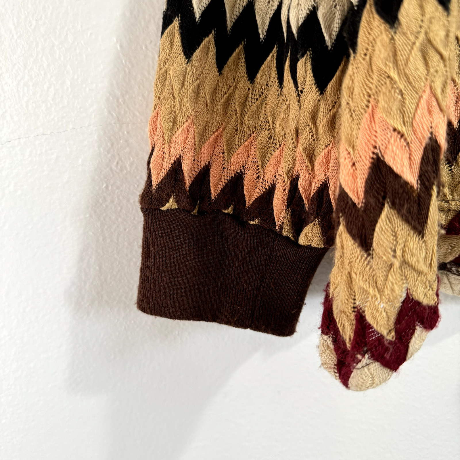 Vintage 90s Y2K Anna Sui Sweater 12 / L Chevron Cardigan Knit Tan Brown Retro