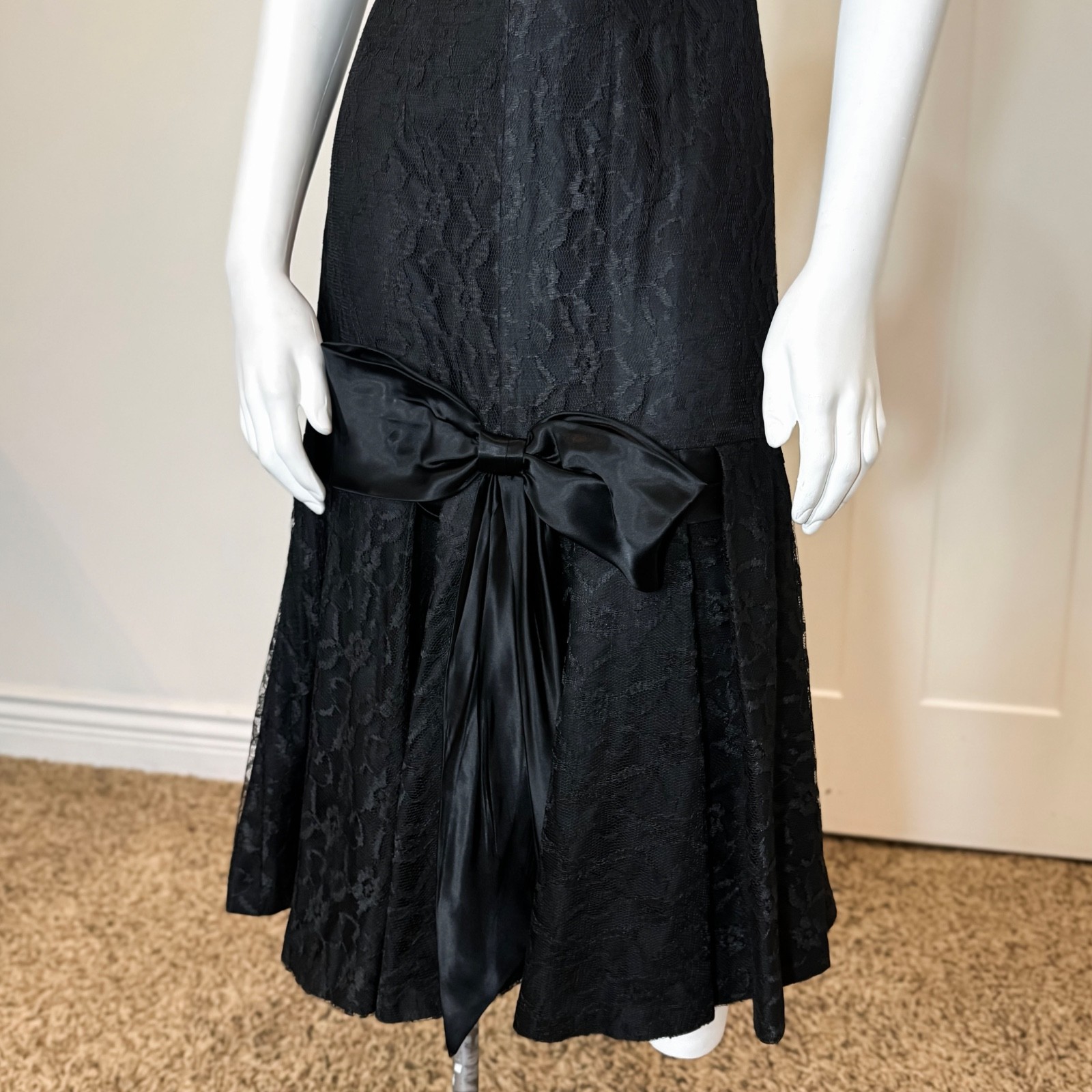 Vintage 50’s MERMAID LACE MIDI DRESS BOW Goth Drop Waist Cocktail Wiggle Prom