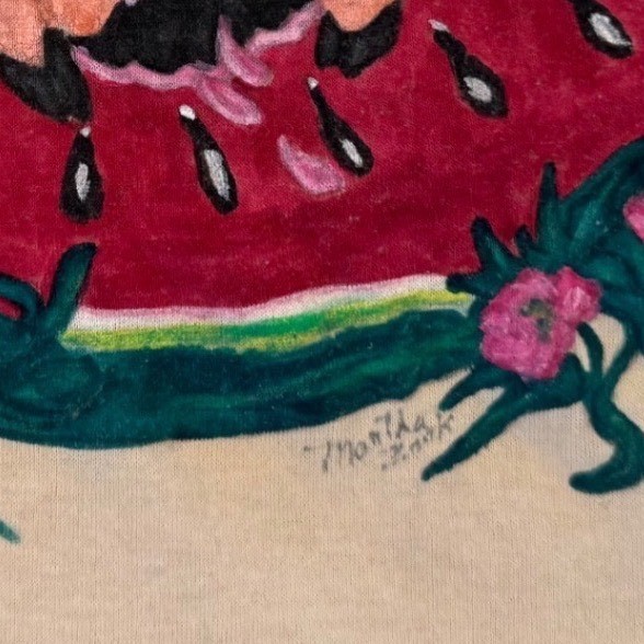 Vintage Jerzees Tan T-Shirt Hand Painted Pigs Watermelon Graphic XL Made in USA