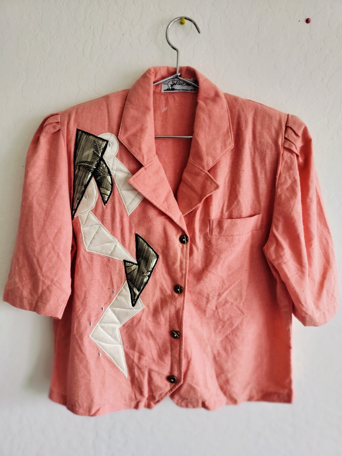 Vintage 80s/90s „New Trend” Coral Blazer Geometric Lightning Bolt Appliqué Med