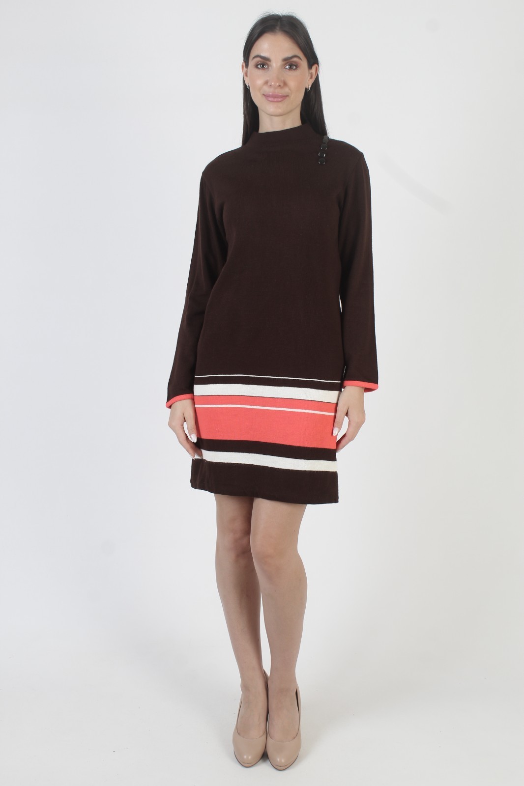 Vintage 60s Striped Sweater Dress Brown Acrylic Mid Century Mod Tennis Mini