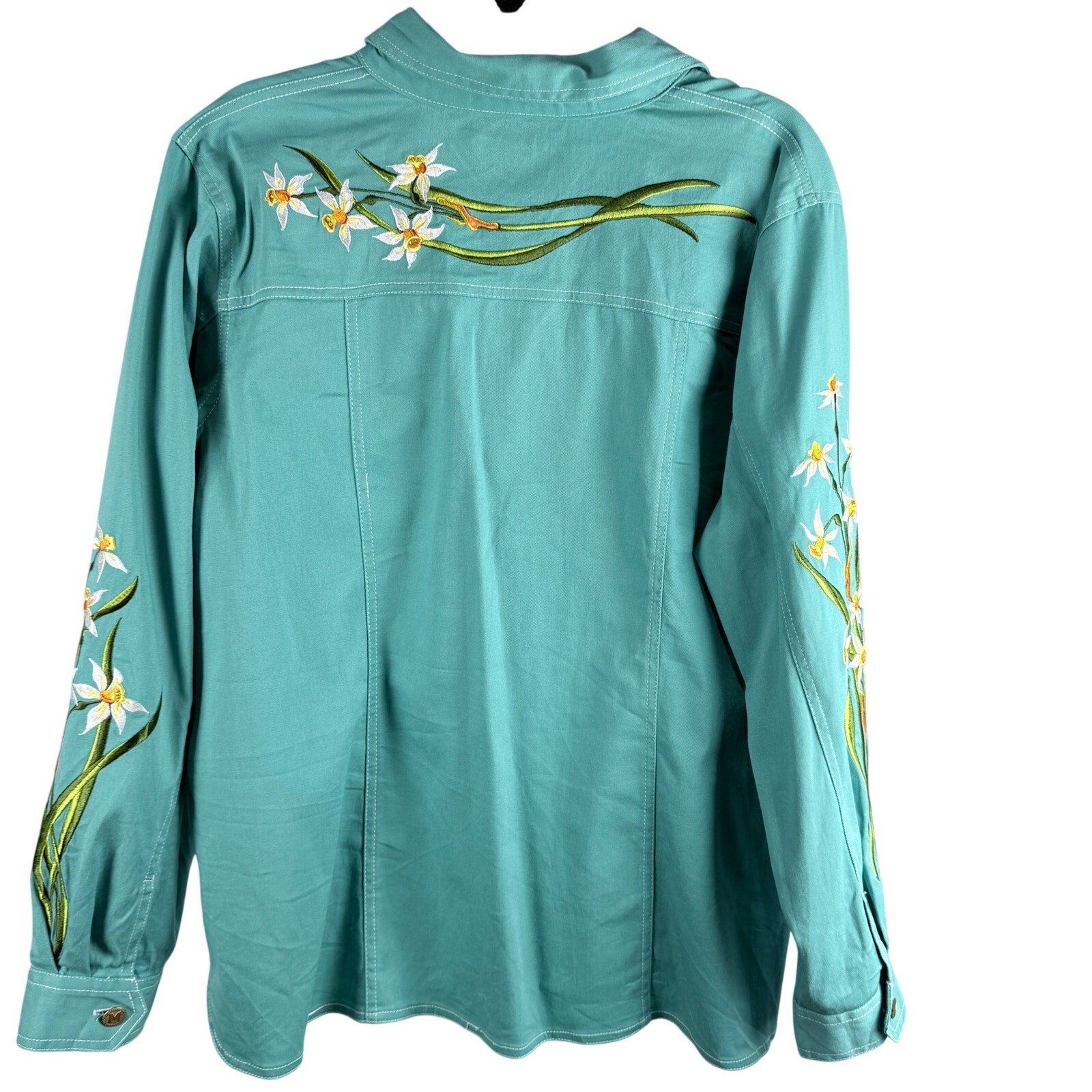 Bob Mackie Wearable Art Mint Green Embroidered Daffodil Denim Jacket Sz L NWOT