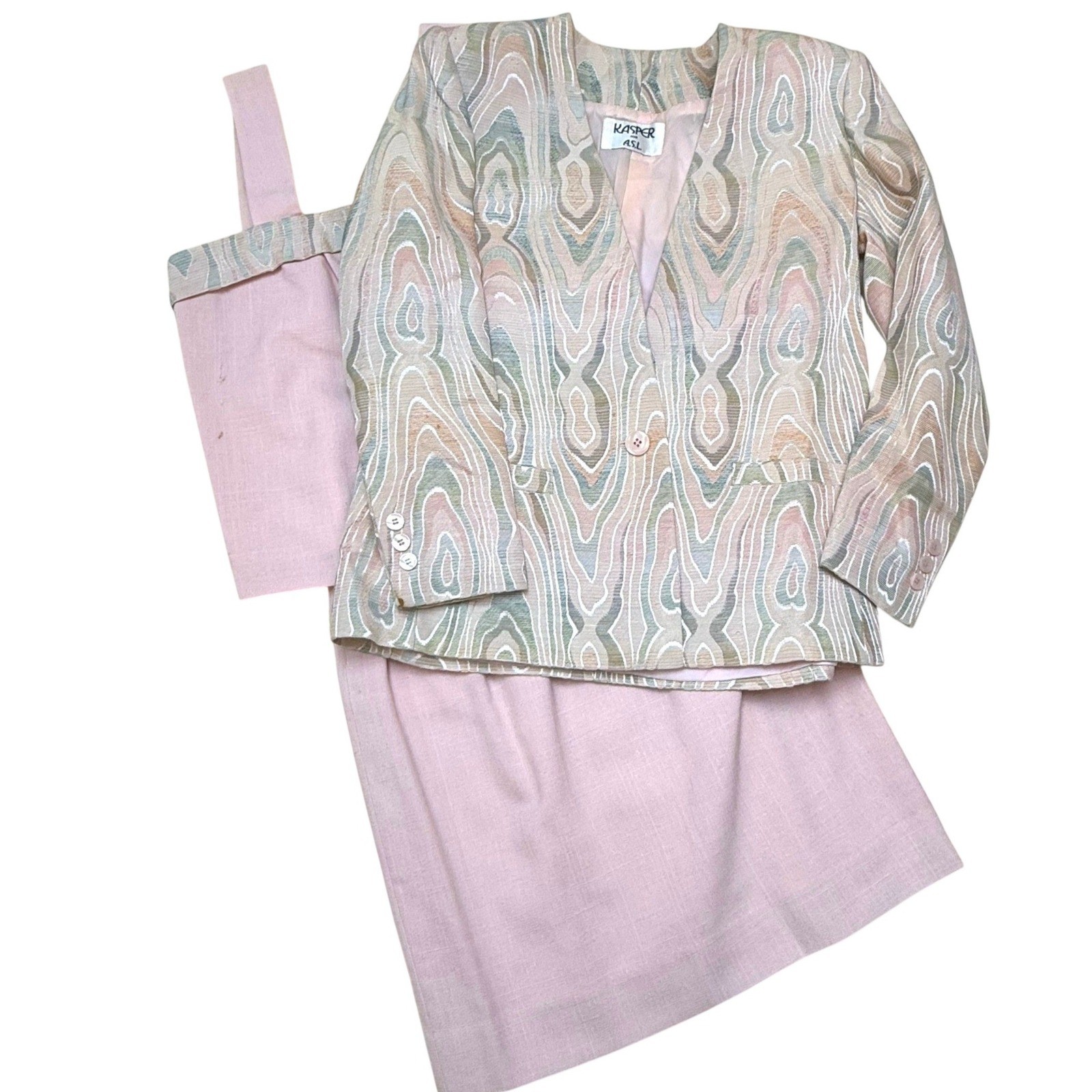 Vintage Kasper for ASL 3 Piece Skirt Suit Set Pink Abstract Jacquard Sz 8 90s