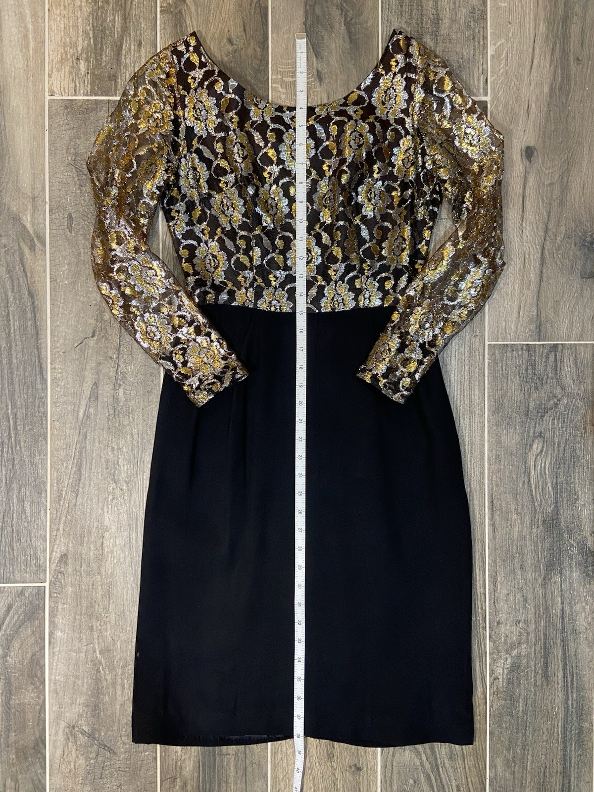 Vintage 1960’s Cocktail Dress Gold Black Metallic Lace Size 2