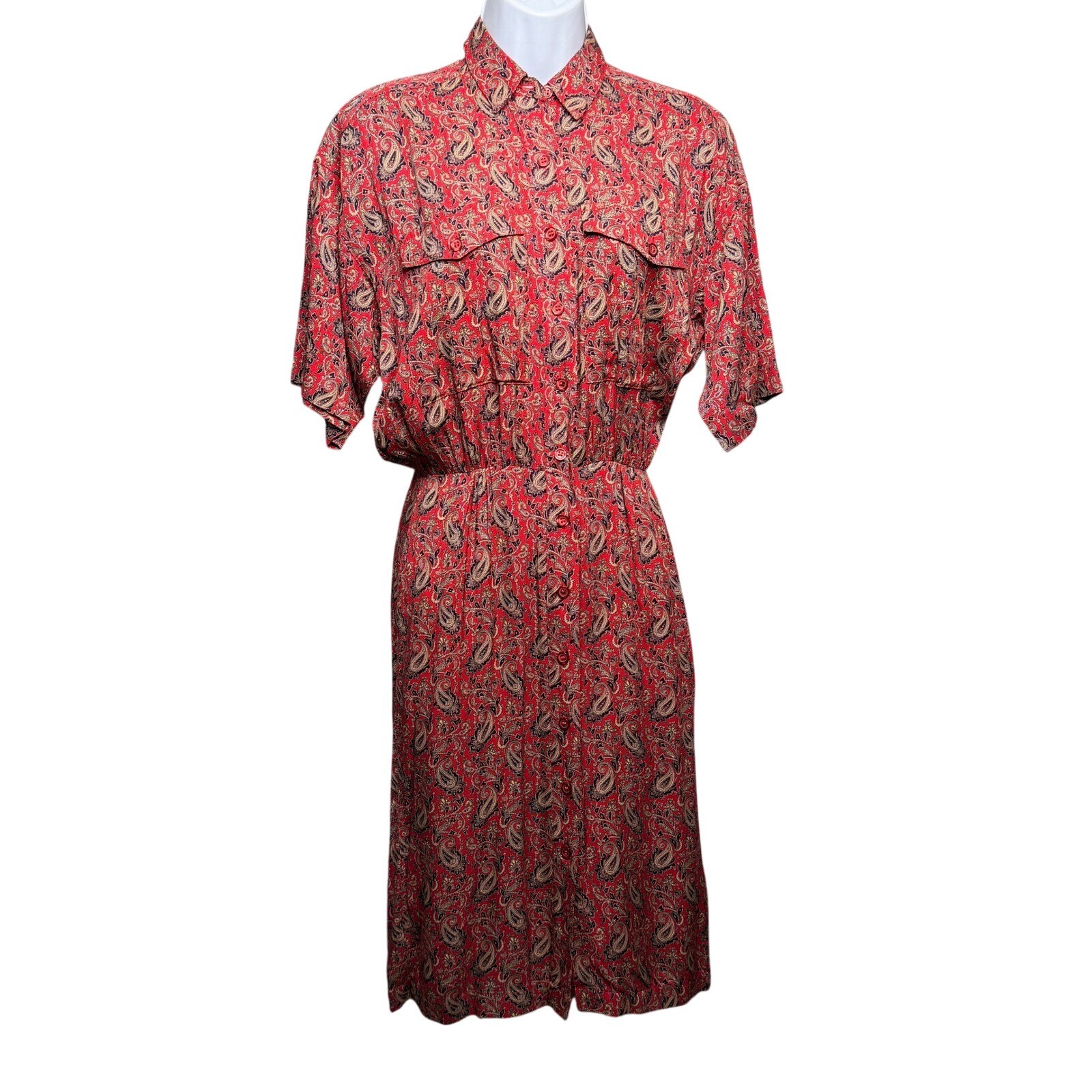 Vtg J.G. Hook Shirt Dress Womens 4 Red Paisley Rayon Short Sleeve Midi Nautical