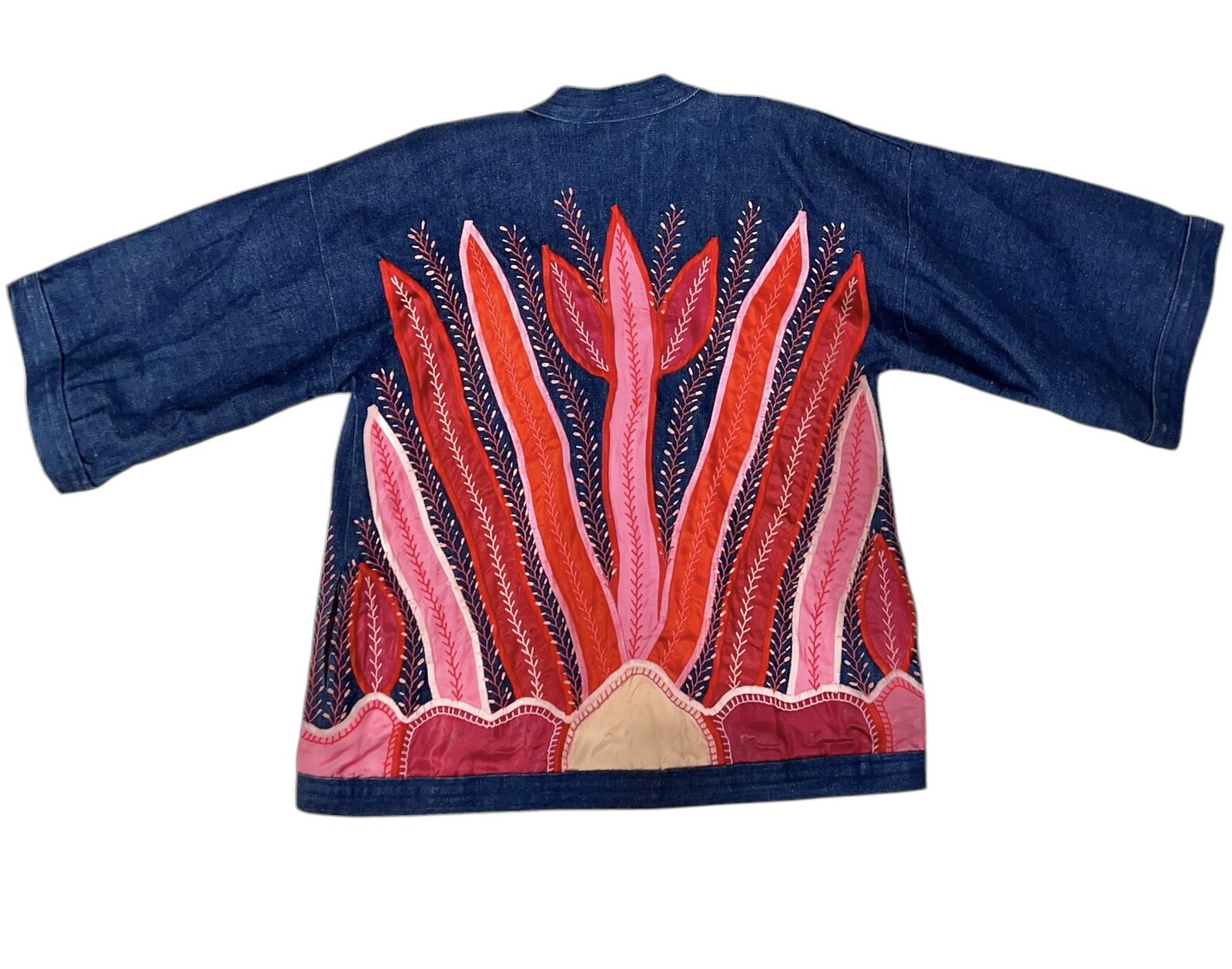 Vtg Judith Roberts La Coleccion Fiber Art Denim Kimono Coat Satin Snake Plants L