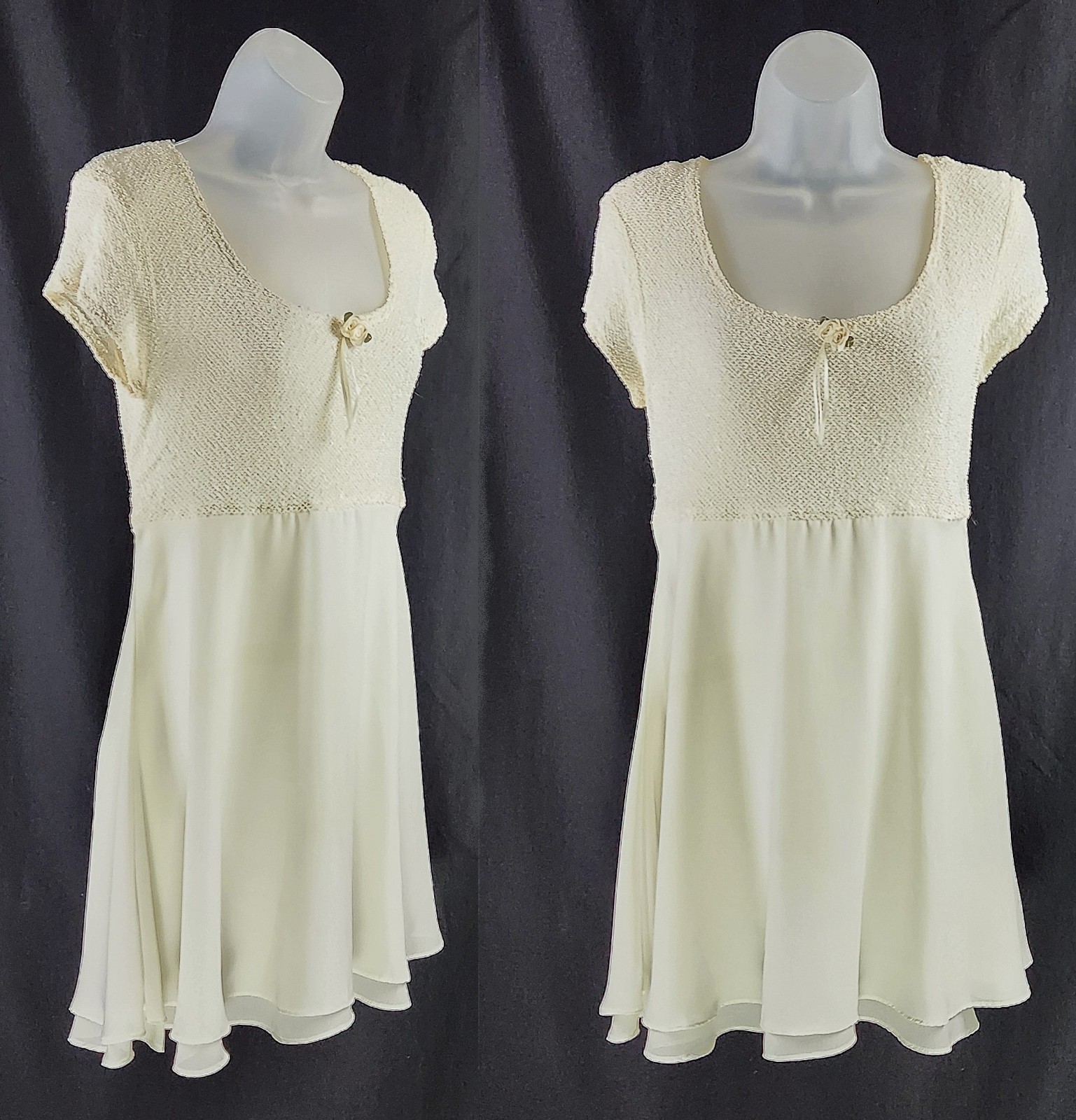 Vintage 70s high waist mico Mini Dress w/ slip ~XS~ Bow flowers Boho Wedding USA