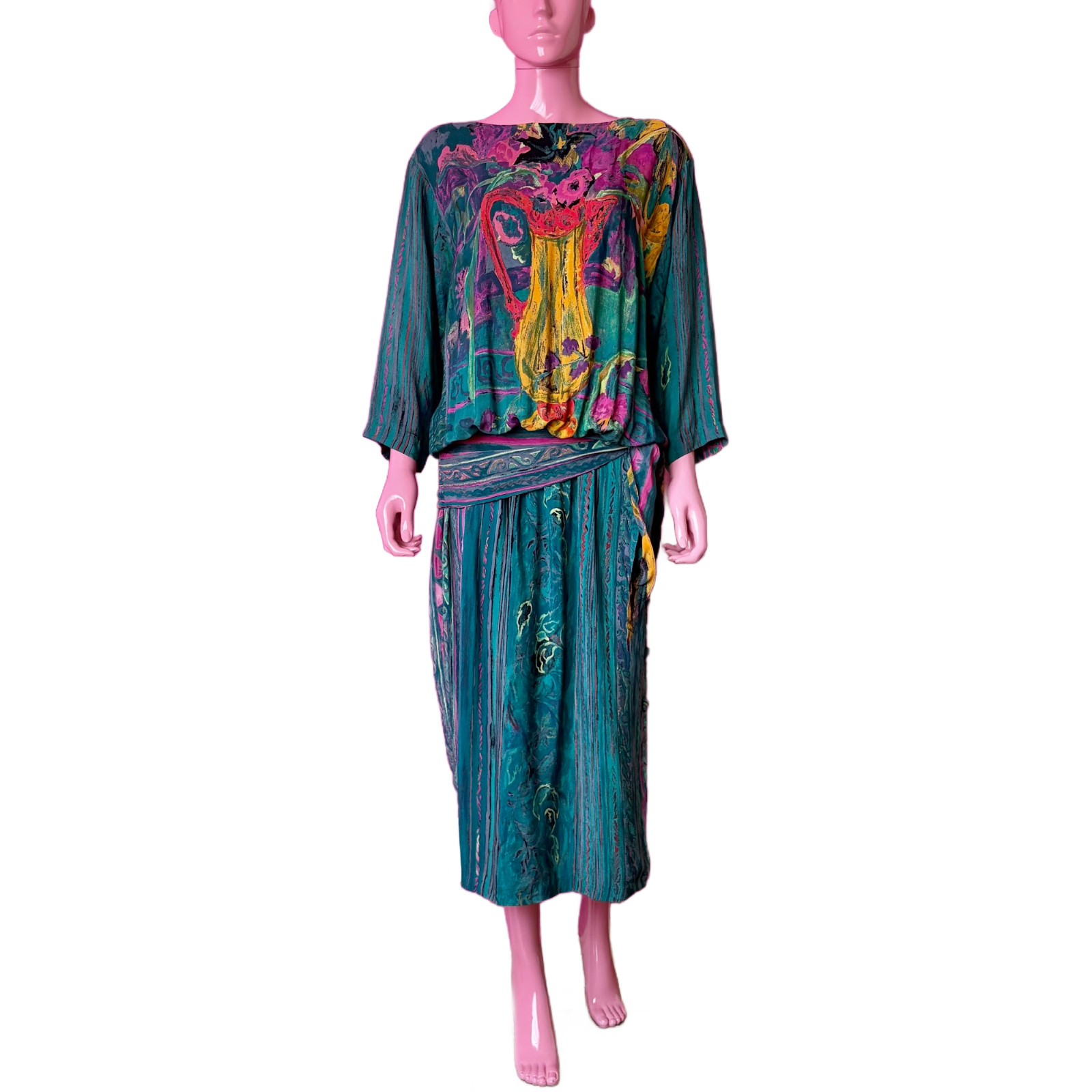 Vintage 80s 8 Midi Dress Dropwaist Teal Multi Abstract Floral Sash Long Sleeves