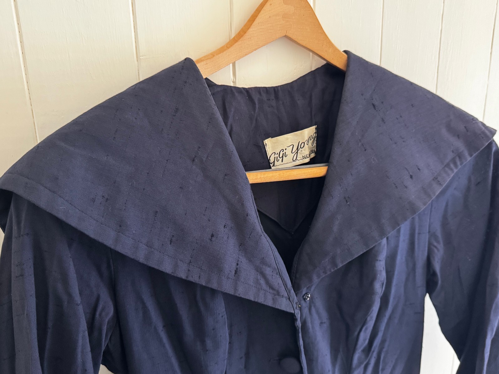 Vintage 1950s GiGi Young New York Navy Dress Huge Shawl Collar 28 Waist