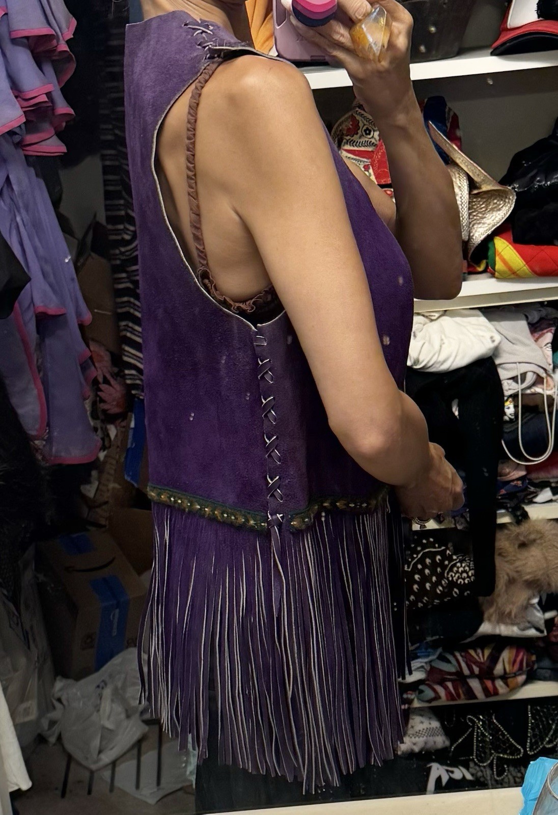 Vtg 70s Purple Leather Suede Vest Fringe Pocket Boho Rock Star Jacket Unisex