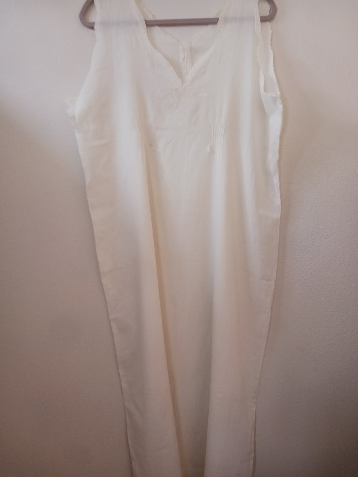 Antique Edwardian Long White Cotton Shift or Under Dress 44″ Embroidered FLAWS