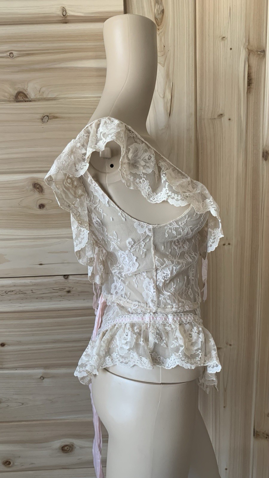 Vintage 70s 80s Designer Emil Bole Tan Beige nude Floral Lace Teddy W Ribbons