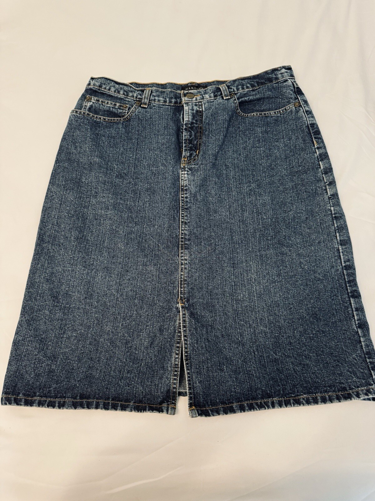 Harold’s VTG Y2K Denim Jean Midi Skirt Front Slit Medium Wash Size 14