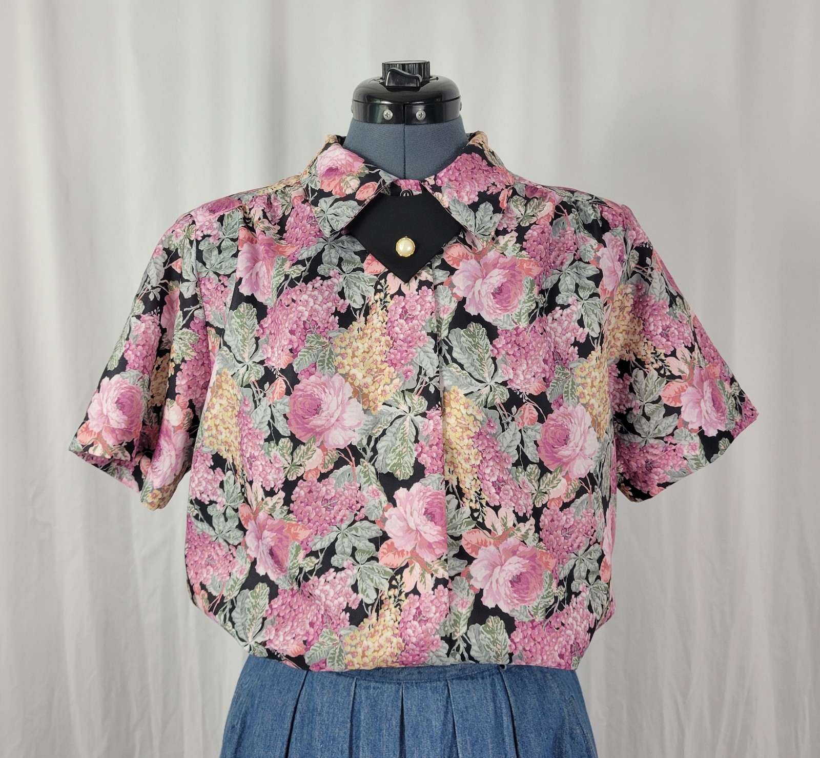 Vintage Copy Cats Black & Pink Floral S/S Blouse w Accent Collar Size 12