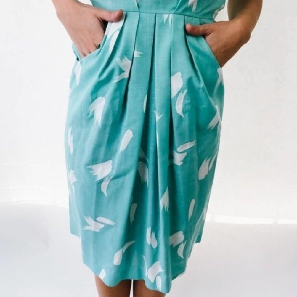 Vintage Turquoise Abstract Print Pleated Tulip Midi Dress with Pockets Teal Blue
