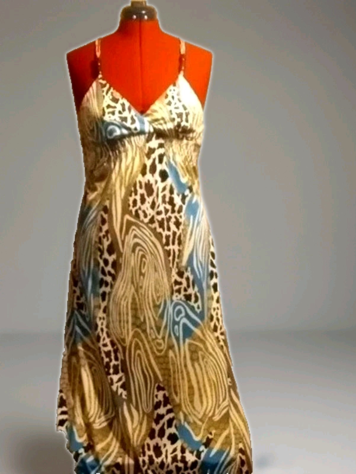 Vintage ALYN PAIGE New York Blue Animal Print Wood Beaded Strapy Maxi Dress Sz M