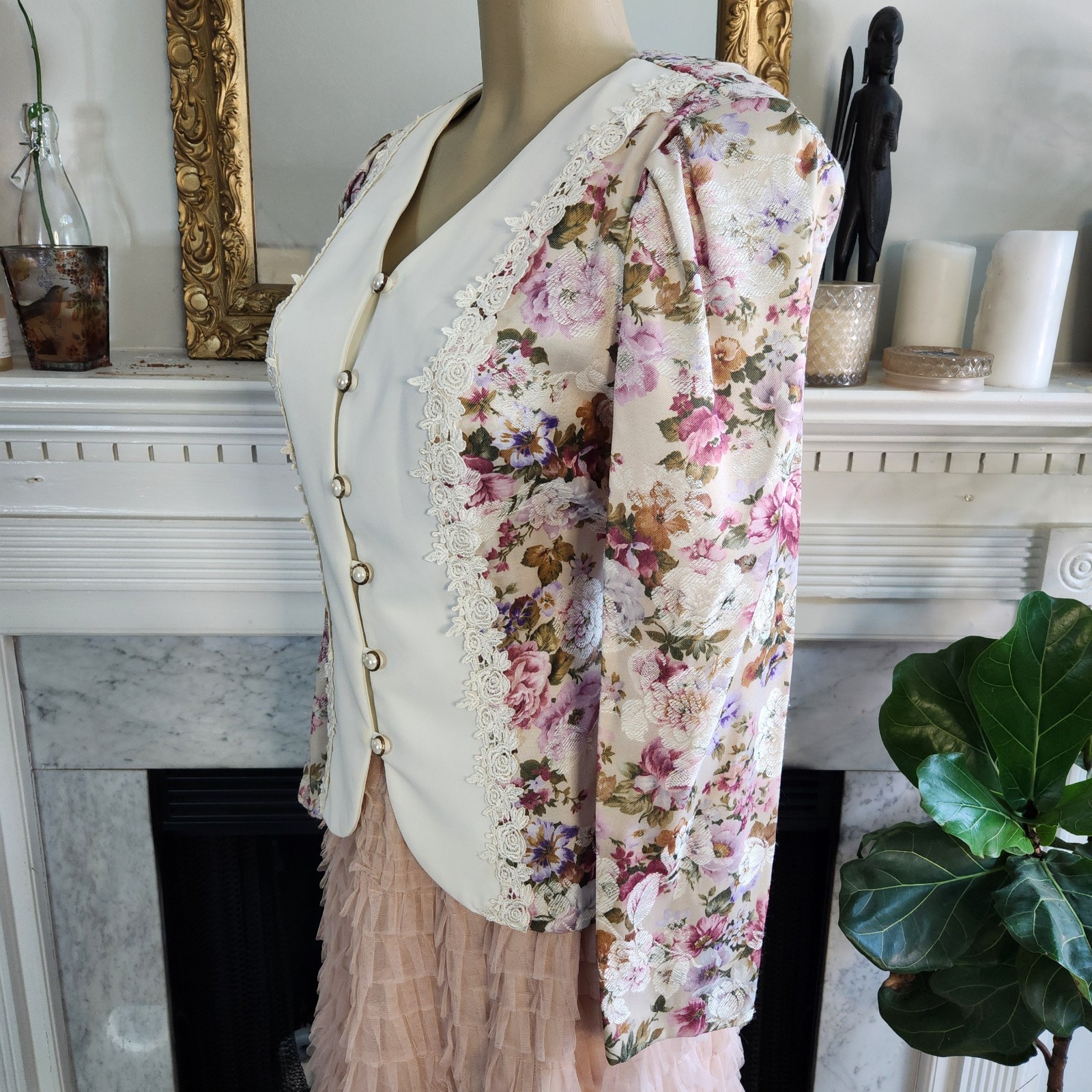 Vintage 80s Ivory Floral Blazer Lace Pink Fitted Cottagecore Romantic Size Large