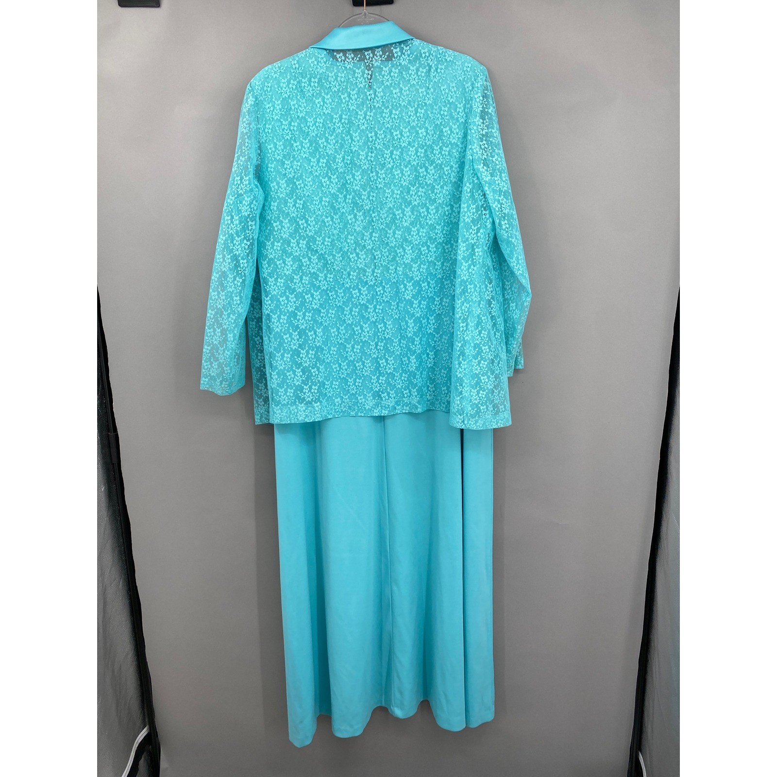 Vintage 60s Lace Maxi Dress Jacket Set Women XL 1X Turquoise Blue Formal Pastel