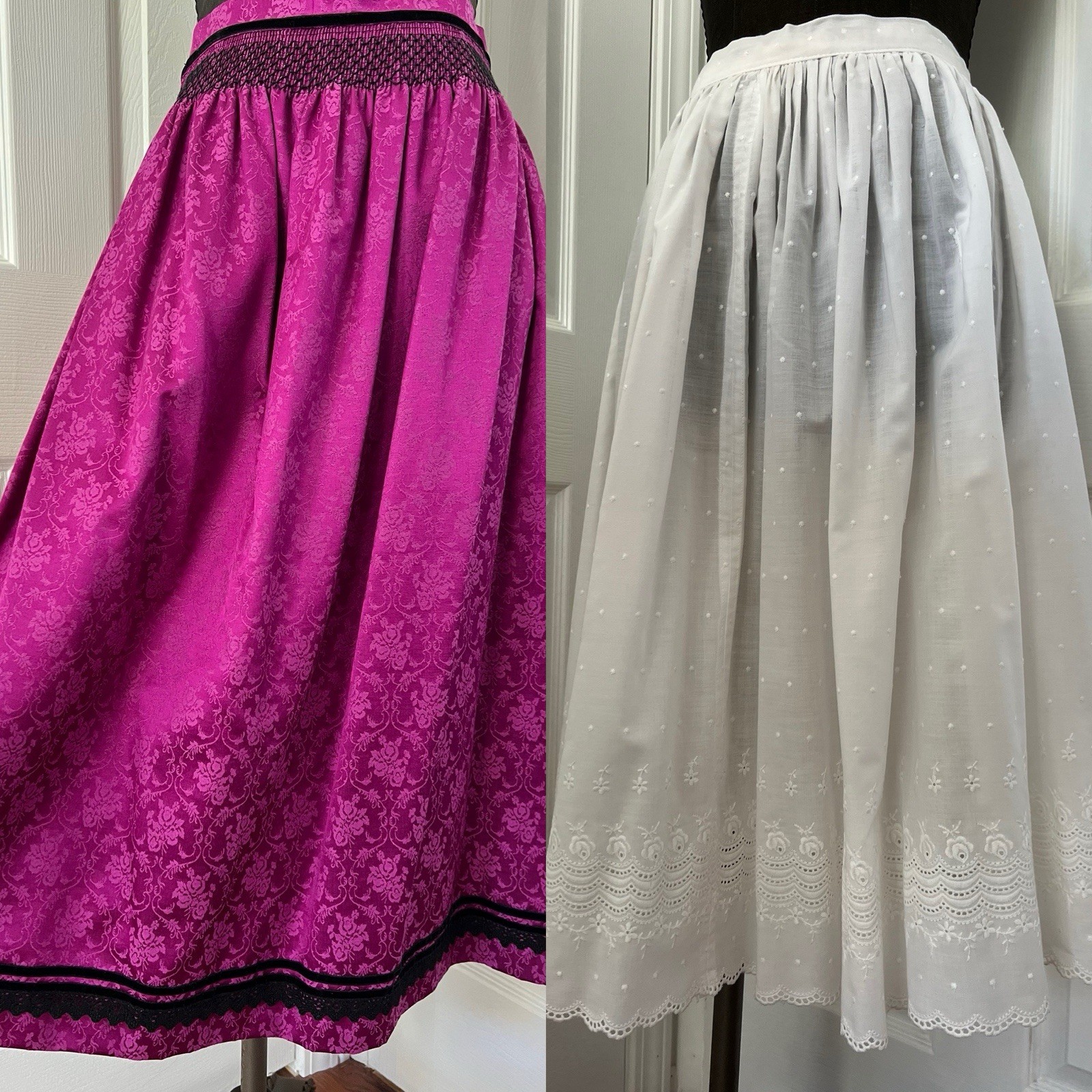 2 Skirts x Dirndl~1 Purple Damask w Lace~1 Embroidery Roses Dots Eyelets~S or M