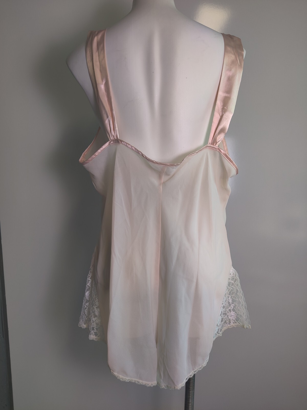 Vintage Peachy Pink Lace Chiffon Teddy Bodysuit Romper Size 2X Snap Bottom EVC