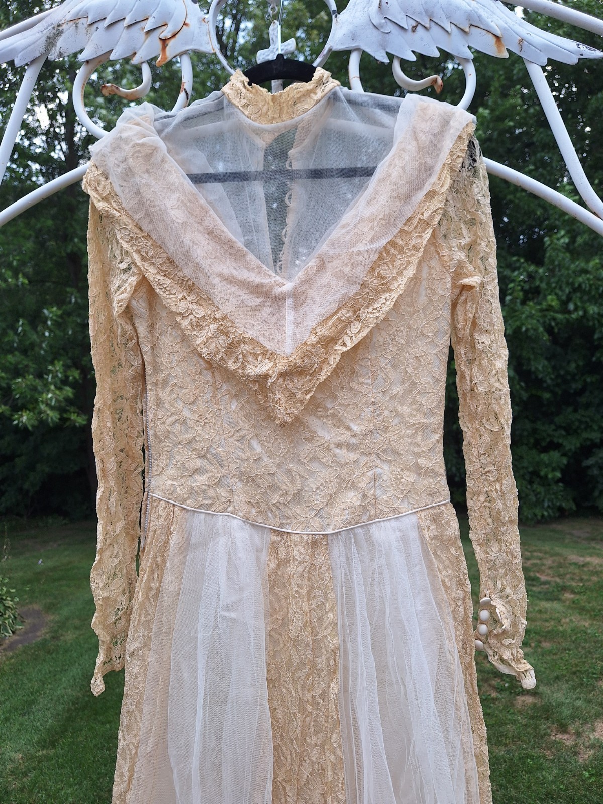 True VTG Mid-century 1950s Ivory Lace Tulle Satin Wedding Gown Dress 14 S/M MCM