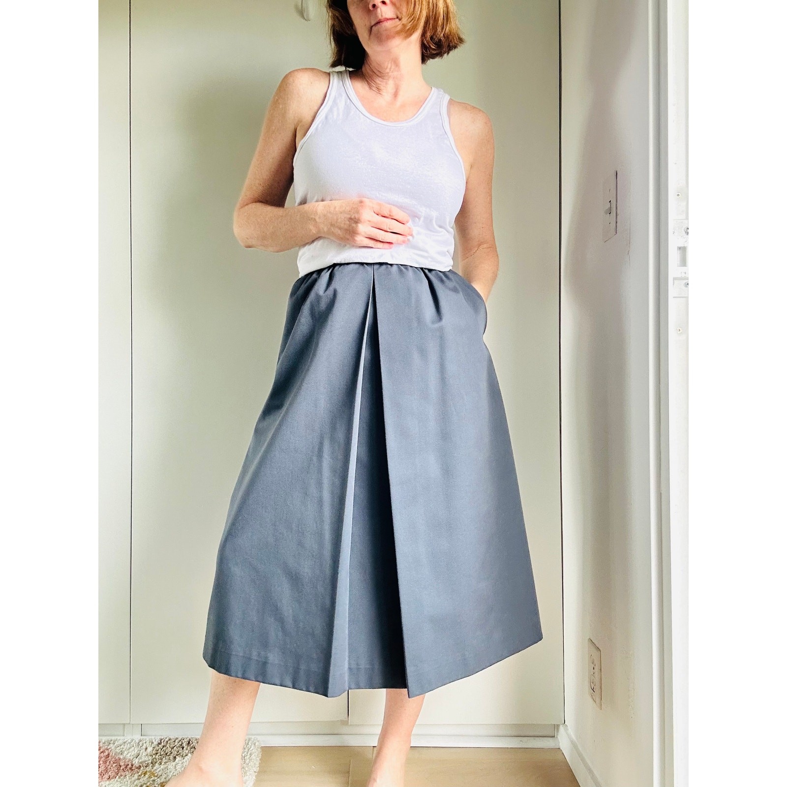 Vintage 90s Lands’ End Cotton Midi Skirt Size M Grey Made USA Classic Normcore