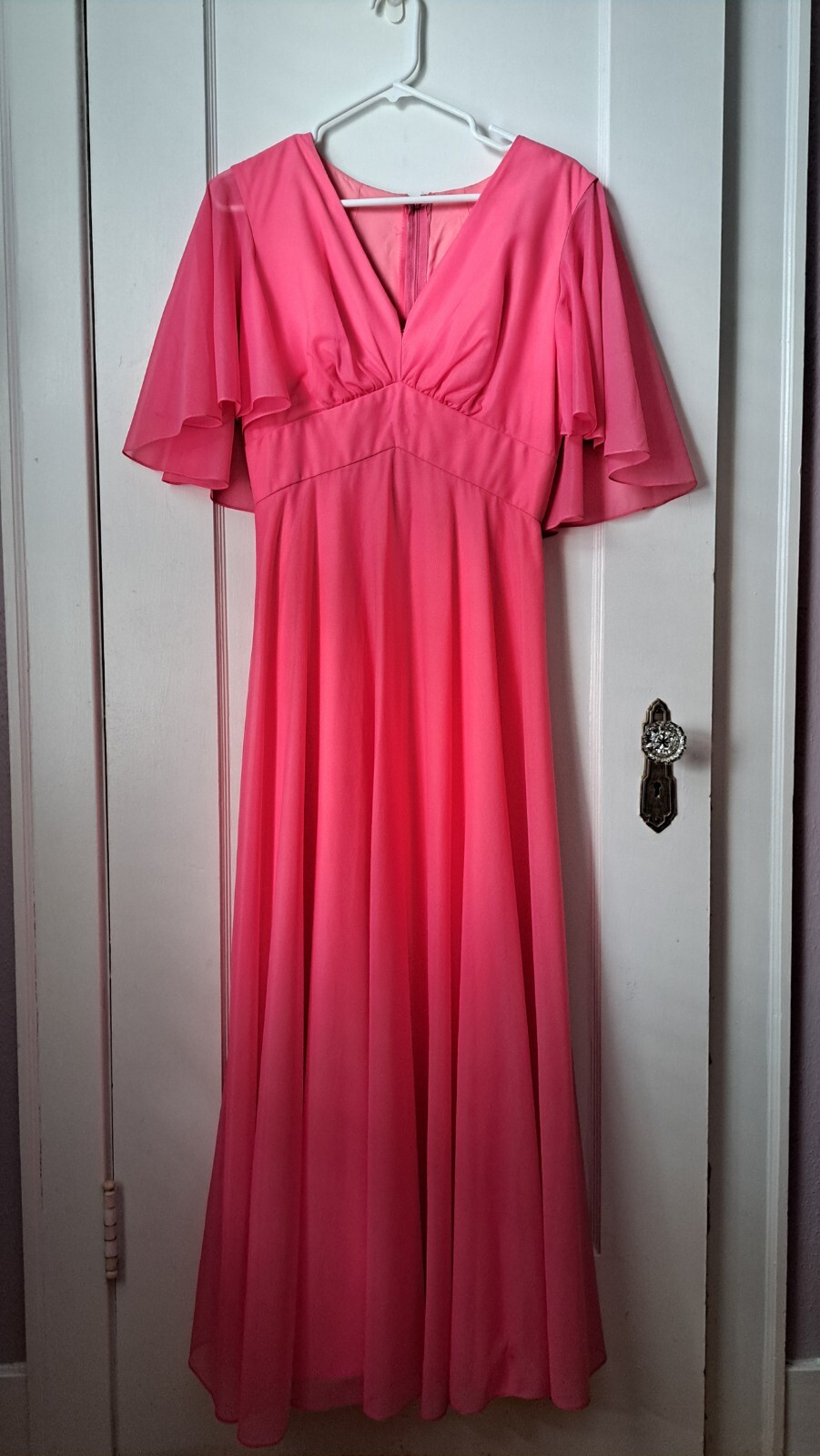 Pink 70s Long Flowy Empire Waist Dress Chiffon Butterfly Sleeves Medium/6