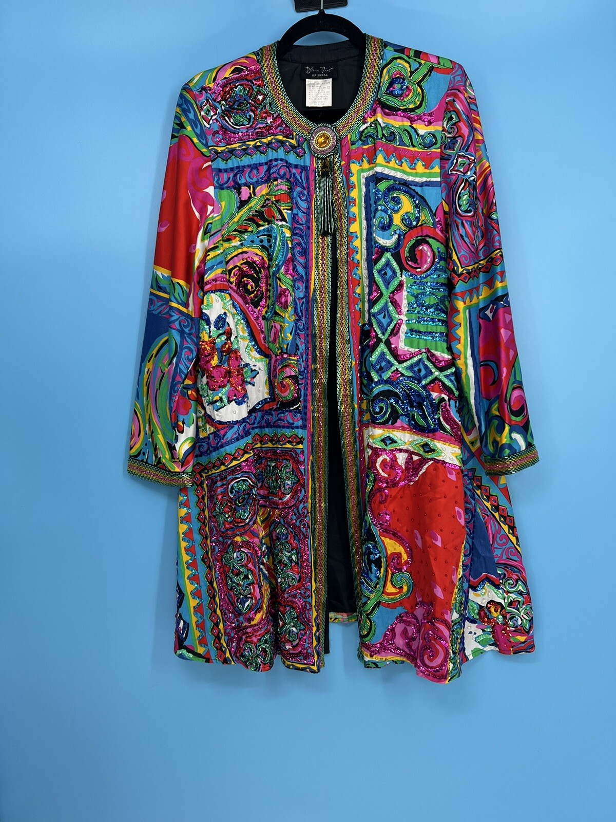 VINTAGE DIANE FREIS BEADED COTTON ABSTRACT PRINT JACKET W BEADS AND SEQUINS