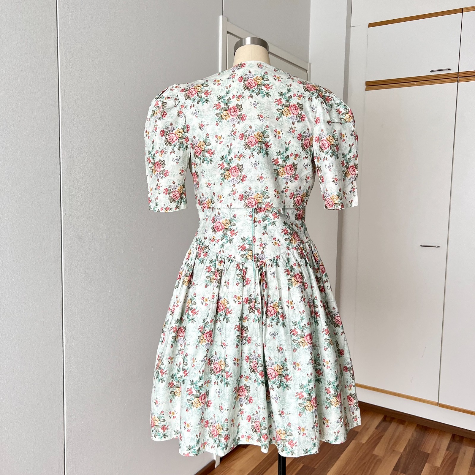 Vintage Floral Two Piece Dress & Bolero Set Puff Sleeves Tea Length Cottagecore