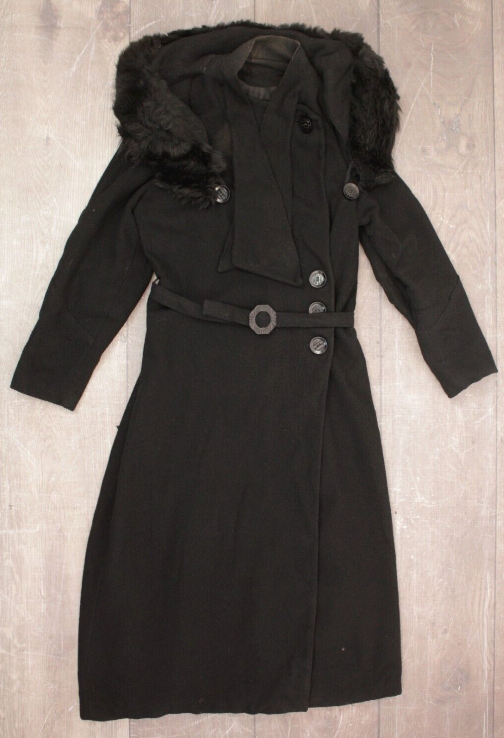VTG Women’s 30s Black Wool Coat W/ Fur Collar & Belt & Scarf Detail Sz S/M 1930s