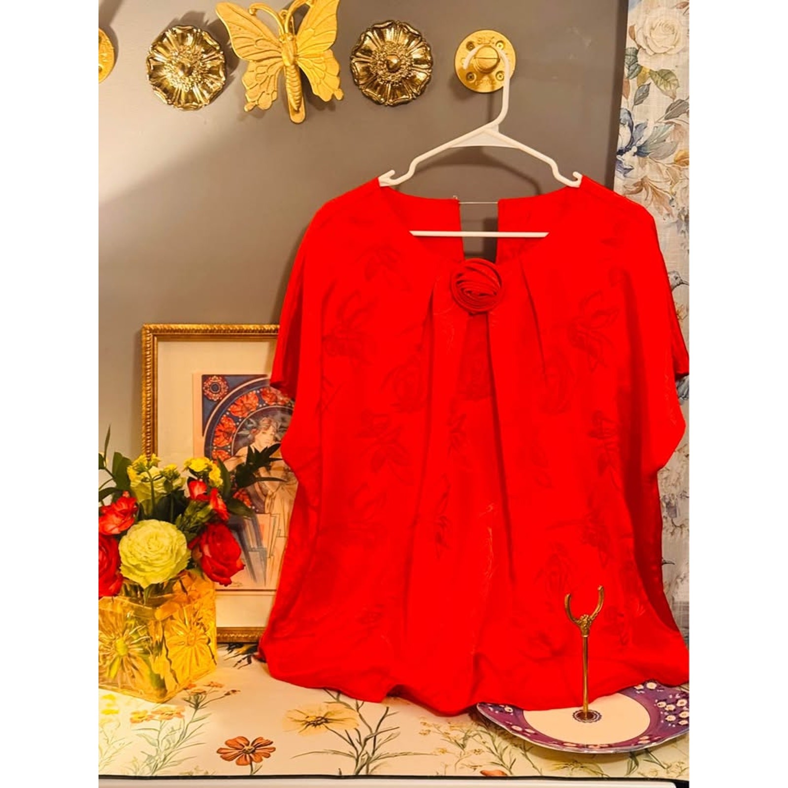 ❤️ Vintage Lori Stevens Blouse | Red Rosette Top | Size 44 (XL) | Retro Chic