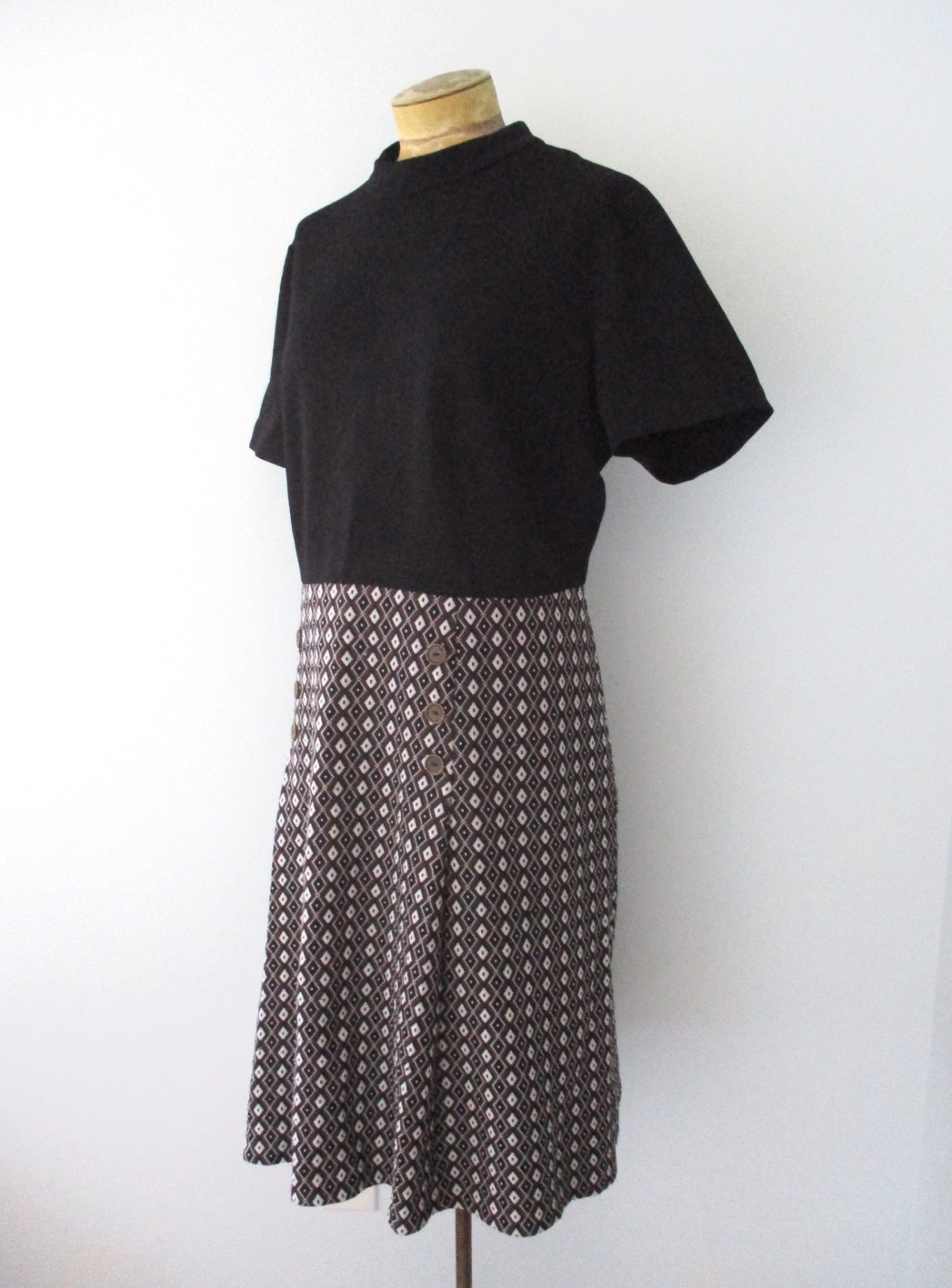 Vtg 60s 70s Black Brown Diamond Textured Knit Dress Buttons Drop Pleats XL 2XL