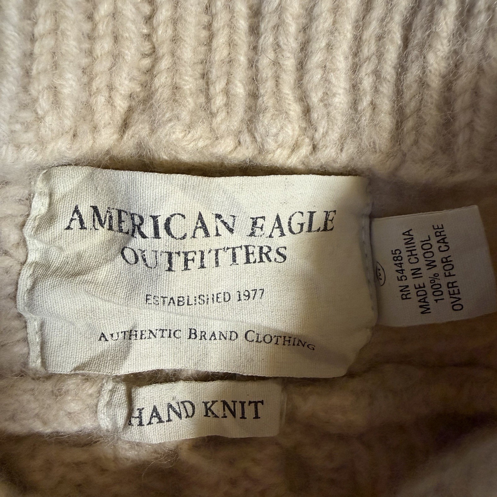 VTG American Eagle Beige 100% Wool Cable Knit Fisherman Sweater Handknit Size M