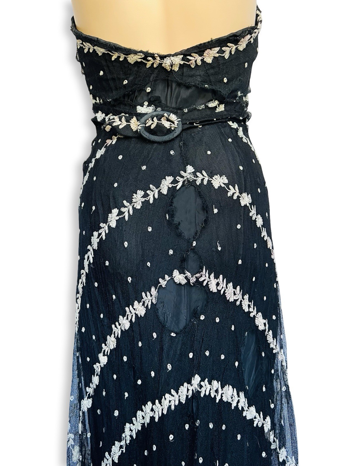 Vintage 1930s Black Mesh White Eyelet Lace Bias Cut Gown Dress Small XS As Is