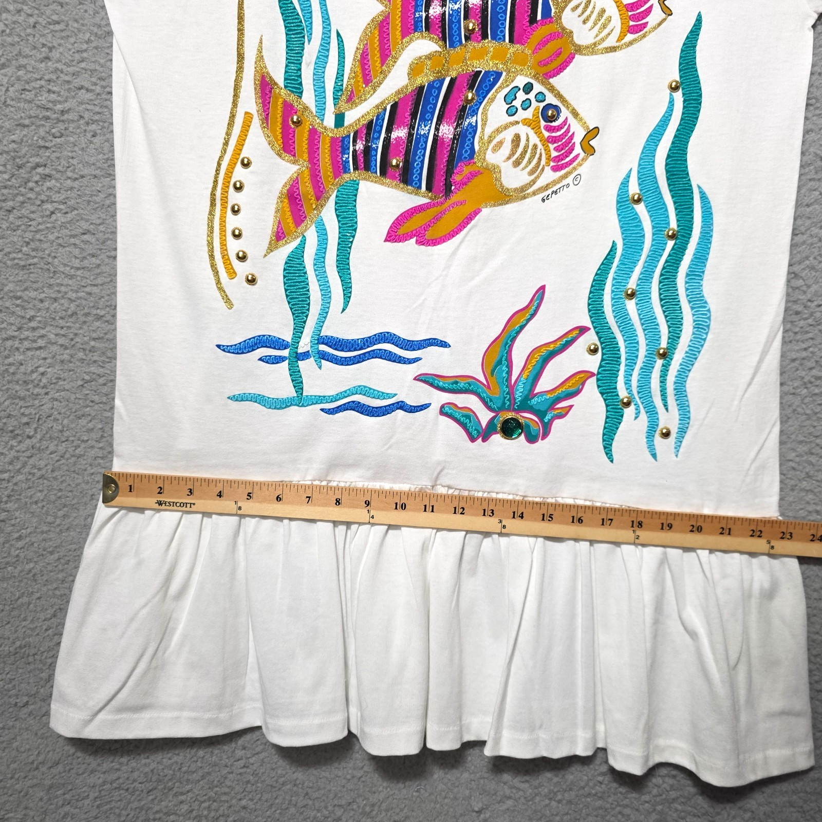 Vintage P.G.B T-Shirt Tropical Fish Dress Puff Pain Studs Shoulder Pads Large